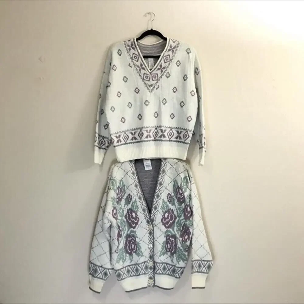 Vintage Size Large Matching Sweater & Cardigan Pastel Knit Floral Cottage Flower